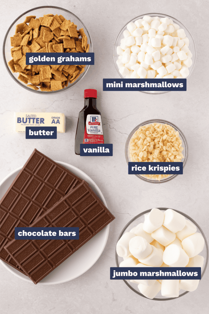 ingredients to make s'mores rice krispie treats.