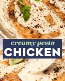 Simple and easy, this Creamy Pesto Chicken is made in one pan, and ready in about 30-40 minutes!  Packed with bold and rich flavors, this is a great weeknight dinner idea.  The pesto cream sauce is perfect over pasta, veggies, potatoes and more!