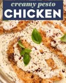 Simple and easy, this Creamy Pesto Chicken is made in one pan, and ready in about 30-40 minutes!  Packed with bold and rich flavors, this is a great weeknight dinner idea.  The pesto cream sauce is perfect over pasta, veggies, potatoes and more!