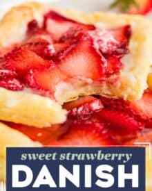 This easy shortcut recipe for a strawberry danish is made with store-bought puff pastry dough, a sweet cream cheese filling, and ripe juicy strawberries. Buttery, flaky, and sweet, this recipe is perfect for a decadent breakfast or brunch!