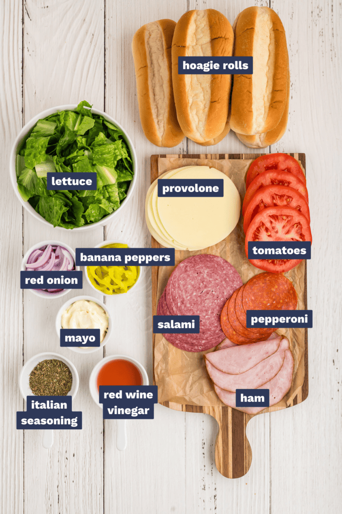 ingredients needed to make a chopped salad sandwich.