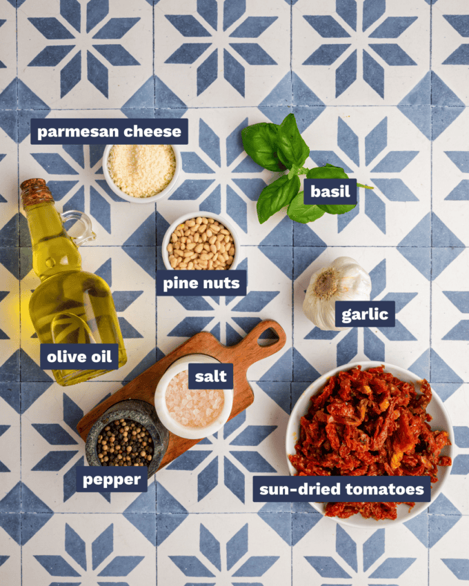 ingredients needed to make  sun-dried tomato pesto.