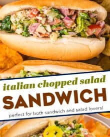 A fresh and delicious chopped salad, complete with several meats, cheeses, and vegetables, tossed with a zippy creamy Italian dressing, and served in soft hoagie rolls. Such a fun way to enjoy a salad!