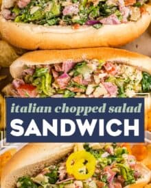 A fresh and delicious chopped salad, complete with several meats, cheeses, and vegetables, tossed with a zippy creamy Italian dressing, and served in soft hoagie rolls. Such a fun way to enjoy a salad!