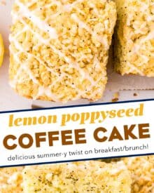 This Lemon Poppyseed Coffee Cake is so moist and buttery, topped with an easy streusel, and drizzled with a sweet lemony glaze! Perfect for breakfast, brunch, or dessert… grab a fork and enjoy!