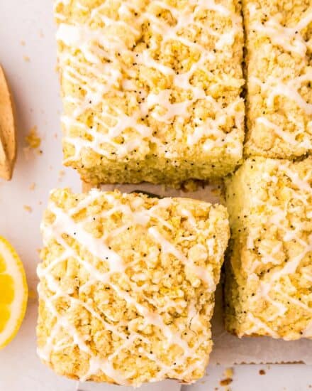 This Lemon Poppyseed Coffee Cake is so moist and buttery, topped with an easy streusel, and drizzled with a sweet lemony glaze! Perfect for breakfast, brunch, or dessert… grab a fork and enjoy!