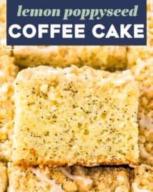 This Lemon Poppyseed Coffee Cake is so moist and buttery, topped with an easy streusel, and drizzled with a sweet lemony glaze! Perfect for breakfast, brunch, or dessert… grab a fork and enjoy!