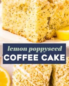 This Lemon Poppyseed Coffee Cake is so moist and buttery, topped with an easy streusel, and drizzled with a sweet lemony glaze! Perfect for breakfast, brunch, or dessert… grab a fork and enjoy!