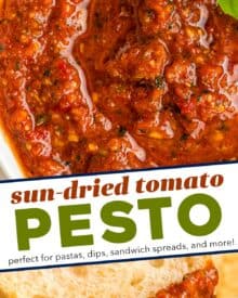 This Sun-dried Tomato Pesto recipe is made in just minutes, with plenty of tangy sun-dried tomatoes, fresh basil, pine nuts, garlic, olive oil and Parmesan cheese. Perfect on pasta, sandwiches, drizzled over veggies or pizza, stirred into Alfredo sauce, used in soups, and more!