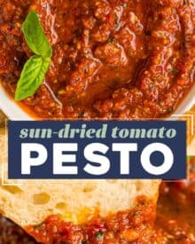 This Sun-dried Tomato Pesto recipe is made in just minutes, with plenty of tangy sun-dried tomatoes, fresh basil, pine nuts, garlic, olive oil and Parmesan cheese. Perfect on pasta, sandwiches, drizzled over veggies or pizza, stirred into Alfredo sauce, used in soups, and more!