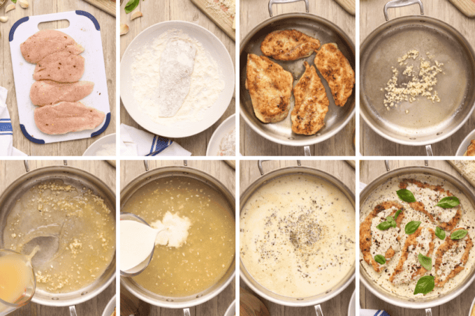 step by step photo collage of how to make creamy pesto chicken