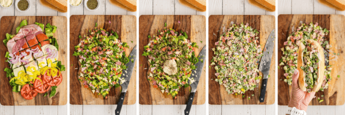 step by step photo collage of how to make an italian chopped salad sandwich.