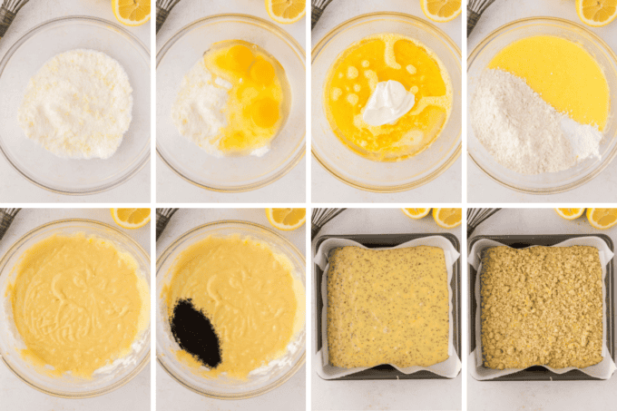 step by step photo collage of how to make lemon poppyseed coffee cake.