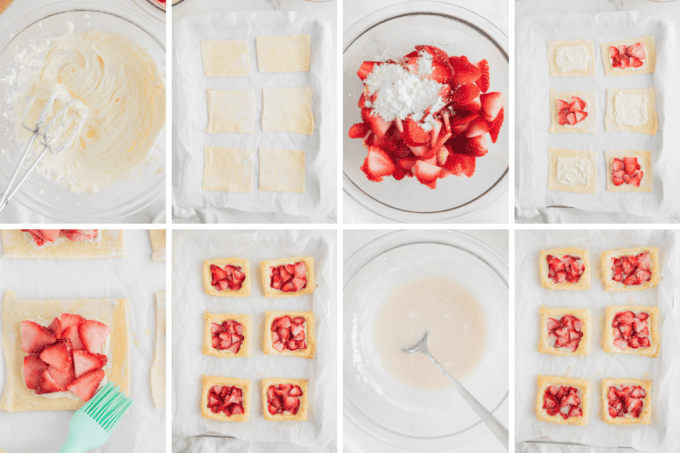 step by step photo collage of how to make strawberry danish