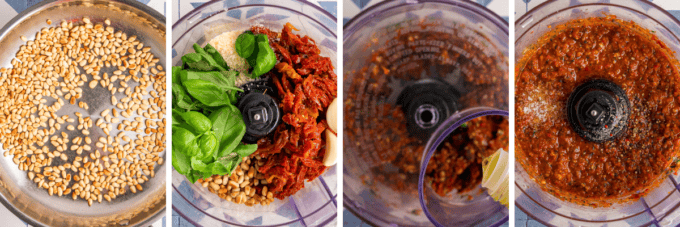 step by step photo collage of how to make sun-dried tomato pesto.