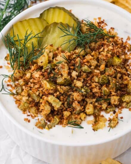 All the amazing flavors of fried pickles, in an addictive and delicious creamy dip! The pan-fried breadcrumbs and chopped pickles add the toasty crunch you crave, and the creamy base has ranch seasoning to kick up the flavor even more. Great for a party, game day, or tailgating!