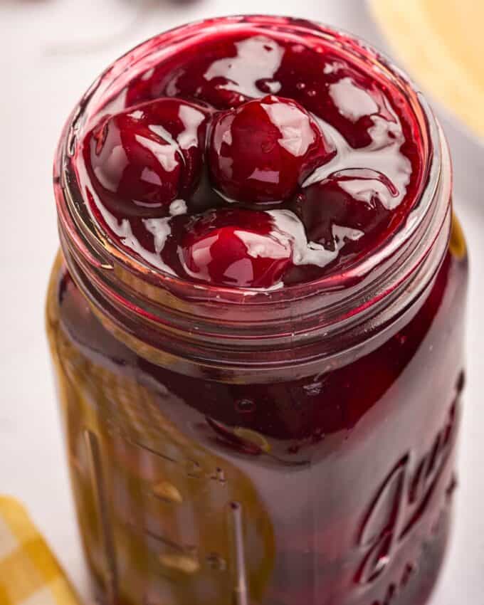 cherry pie filling in a mason jar.