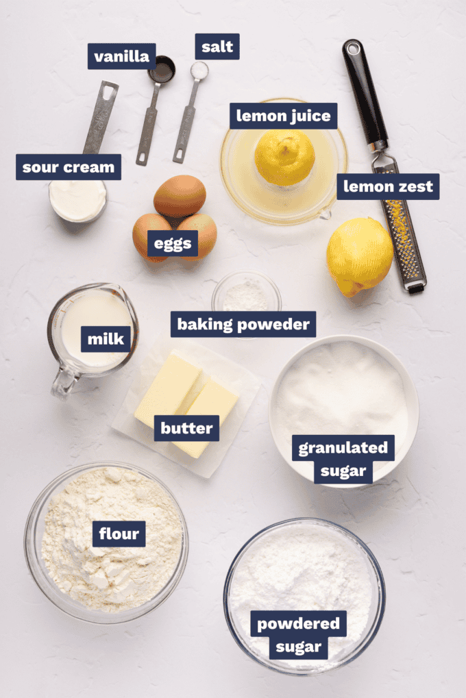 ingredients needed for making a lemon bundt cake.