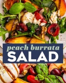 This summer peach burrata salad is great for using all of the amazing fresh produce that's in season, and is such a flavor explosion! The creaminess of the fresh burrata cheese combines effortlessly with the peaches, cherries, tomatoes, onions and more, and the sweet and tart balsamic glaze is the perfect dressing. Great for a light lunch or dinner!