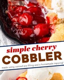 This mouthwatering cherry cobbler is made with canned cherry pie filling (for convenience) and a simple cake batter. As the cobbler is baked, the batter bakes up into a cobbler-style crust on top of the sweet cherries. This recipe is extremely versatile, so you can use homemade pie filling instead of canned, or switch up and use a different fruit filling!