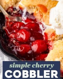 This mouthwatering cherry cobbler is made with canned cherry pie filling (for convenience) and a simple cake batter. As the cobbler is baked, the batter bakes up into a cobbler-style crust on top of the sweet cherries. This recipe is extremely versatile, so you can use homemade pie filling instead of canned, or switch up and use a different fruit filling!