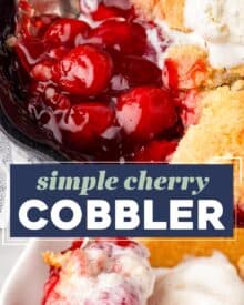 This mouthwatering cherry cobbler is made with canned cherry pie filling (for convenience) and a simple cake batter. As the cobbler is baked, the batter bakes up into a cobbler-style crust on top of the sweet cherries. This recipe is extremely versatile, so you can use homemade pie filling instead of canned, or switch up and use a different fruit filling!