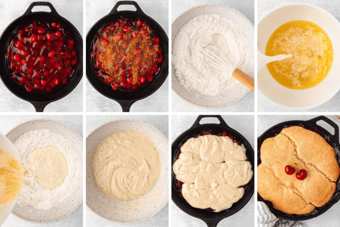 step by step photo collage of how to make cherry cobbler.