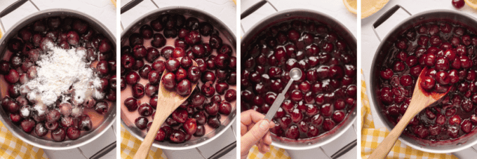 step by step photo collage of how to make cherry pie filling.