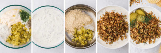 step by step photo collage of how to make fried pickle dip