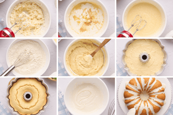 step by step photo collage of how to make lemon bundt cake.