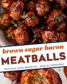 These bacon-wrapped brown sugar bbq meatballs are perfect for any party, and so easy to make! Frozen meatballs are thawed, wrapped in smoky bacon, coated in a spiced brown sugar mixture, tossed with bbq sauce and slow cooked to perfection. Plus, this recipe only has 5 ingredients!