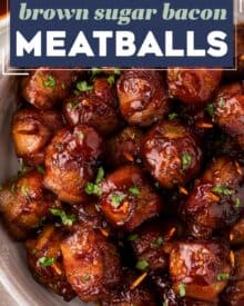 These bacon-wrapped brown sugar bbq meatballs are perfect for any party, and so easy to make! Frozen meatballs are thawed, wrapped in smoky bacon, coated in a spiced brown sugar mixture, tossed with bbq sauce and slow cooked to perfection. Plus, this recipe only has 5 ingredients!