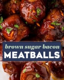 These bacon-wrapped brown sugar bbq meatballs are perfect for any party, and so easy to make! Frozen meatballs are thawed, wrapped in smoky bacon, coated in a spiced brown sugar mixture, tossed with bbq sauce and slow cooked to perfection. Plus, this recipe only has 5 ingredients!