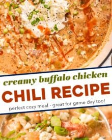 This version of chicken chili combines the flavors of creamy white chicken chili with classic buffalo chicken! Made easily on the stovetop, with no fancy equipment, it's perfect for game day, tailgating, or a comforting night in.