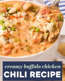 This version of chicken chili combines the flavors of creamy white chicken chili with classic buffalo chicken! Made easily on the stovetop, with no fancy equipment, it's perfect for game day, tailgating, or a comforting night in.