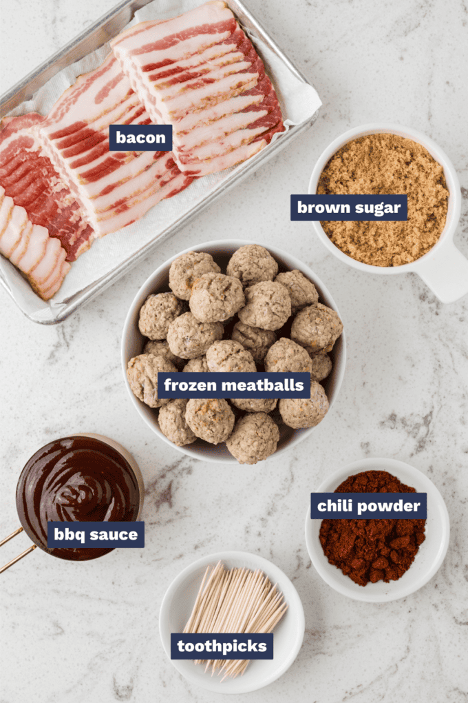 ingredients needed to make bacon-wrapped brown sugar bbq meatballs.