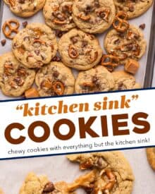 These bakery-style kitchen sink cookies are soft and chewy, and oh so delicious! Made with two types of chocolate, gooey caramel, crunchy pretzels, and flaky sea salt, they're perfect for cookie exchanges, dessert trays, or a fun afternoon treat.