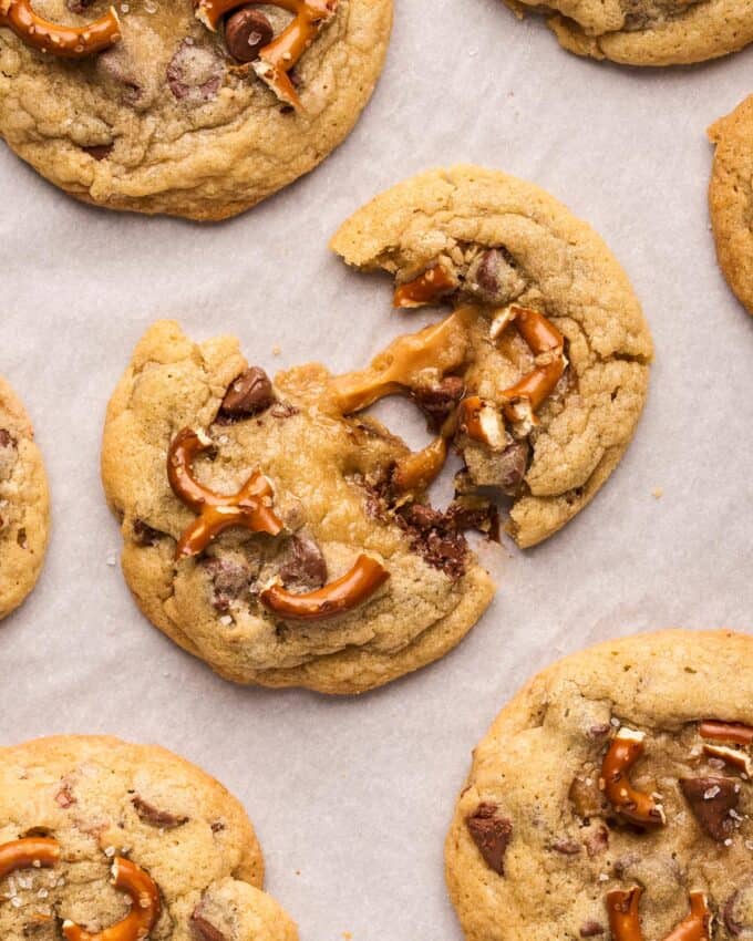 broken apart kitchen sink cookie, showing the gooey caramel.