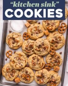 These bakery-style kitchen sink cookies are soft and chewy, and oh so delicious! Made with two types of chocolate, gooey caramel, crunchy pretzels, and flaky sea salt, they're perfect for cookie exchanges, dessert trays, or a fun afternoon treat.