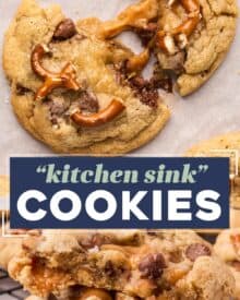 These bakery-style kitchen sink cookies are soft and chewy, and oh so delicious! Made with two types of chocolate, gooey caramel, crunchy pretzels, and flaky sea salt, they're perfect for cookie exchanges, dessert trays, or a fun afternoon treat.