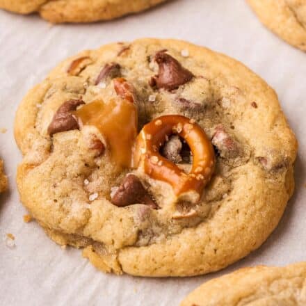 close up photo of a kitchen sink cookie with flaky sea salt on top.