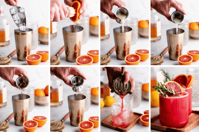 step by step photo collage of how to make blood orange whiskey cocktails