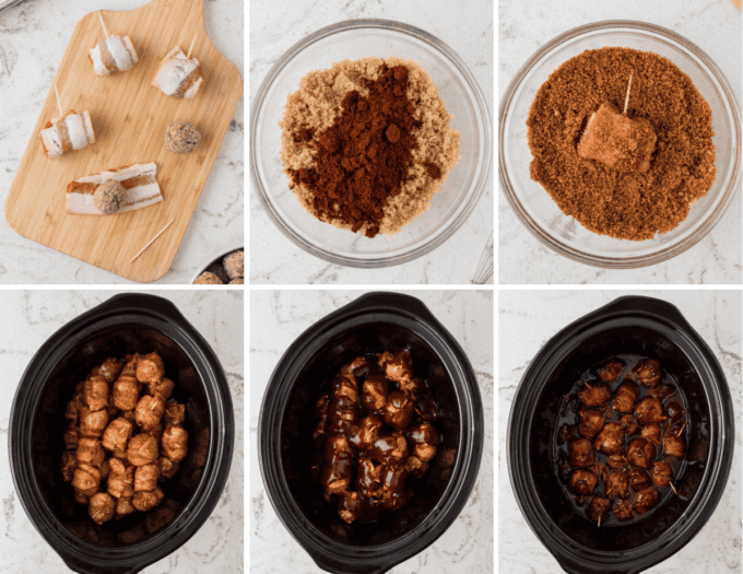 step by step photo collage of how to make bacon brown sugar crockpot meatballs