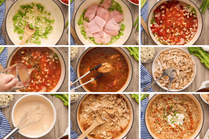 step by step photo collage of how to make buffalo chicken chili