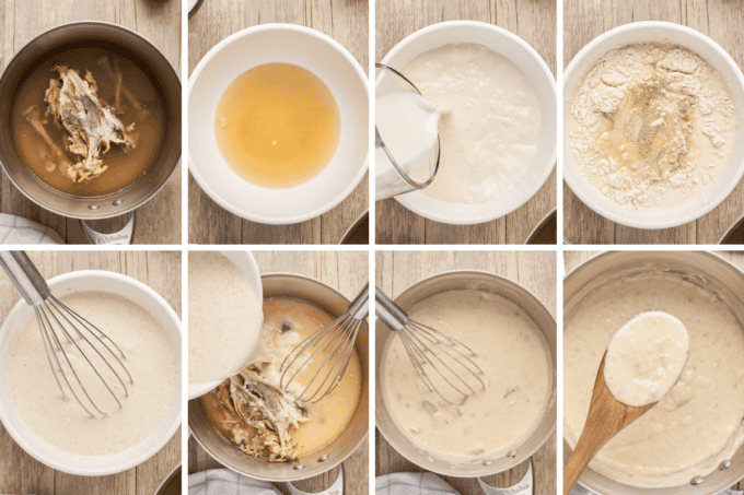 step by step photo collage of how to make condensed cream of chicken soup