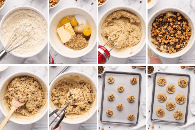 step by step photo collage of how to make salted kitchen sink cookies.