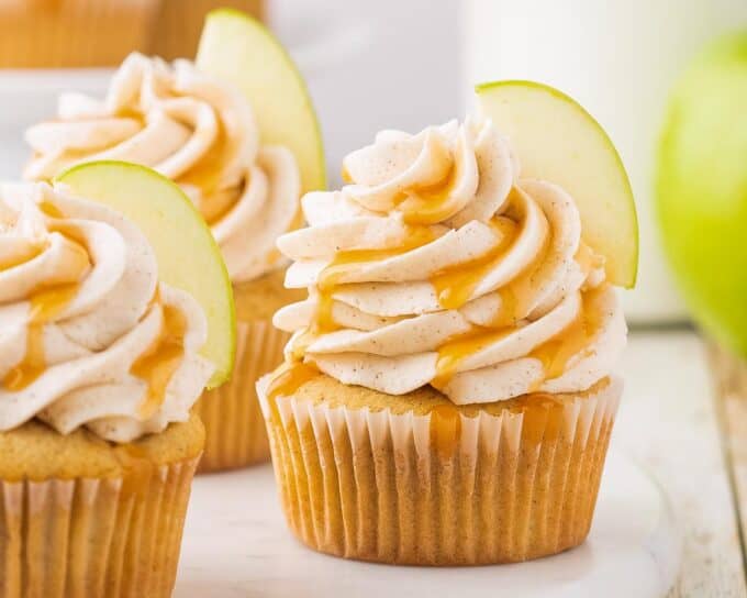 caramel apple cupcakes on counter.