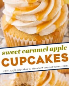 These caramel apple cupcakes are the perfect blend of fluffy, soft, and moist. Studded with diced apples and topped with a generous swirl of caramel cinnamon buttercream frosting, they taste like a sweet caramel apple, and are perfect for the Fall season!