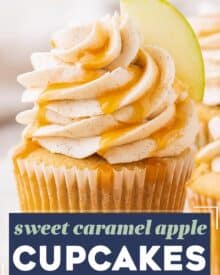 These caramel apple cupcakes are the perfect blend of fluffy, soft, and moist. Studded with diced apples and topped with a generous swirl of caramel cinnamon buttercream frosting, they taste like a sweet caramel apple, and are perfect for the Fall season!