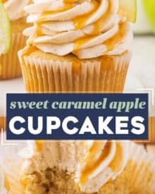 These caramel apple cupcakes are the perfect blend of fluffy, soft, and moist. Studded with diced apples and topped with a generous swirl of caramel cinnamon buttercream frosting, they taste like a sweet caramel apple, and are perfect for the Fall season!